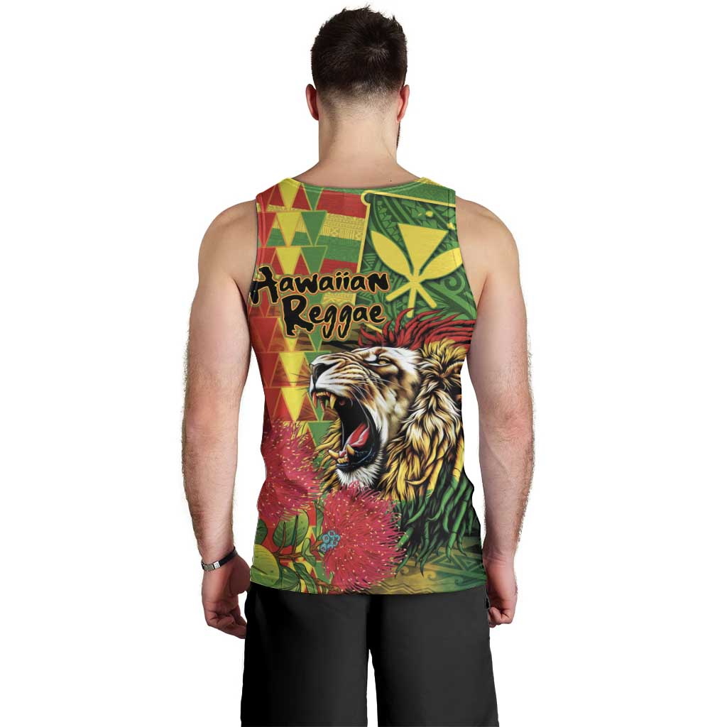 Hawaiian Reggae Men Tank Top Kakau Art Motifs with Ohia Lehua and Rastafari Lion - Polynesian Pride