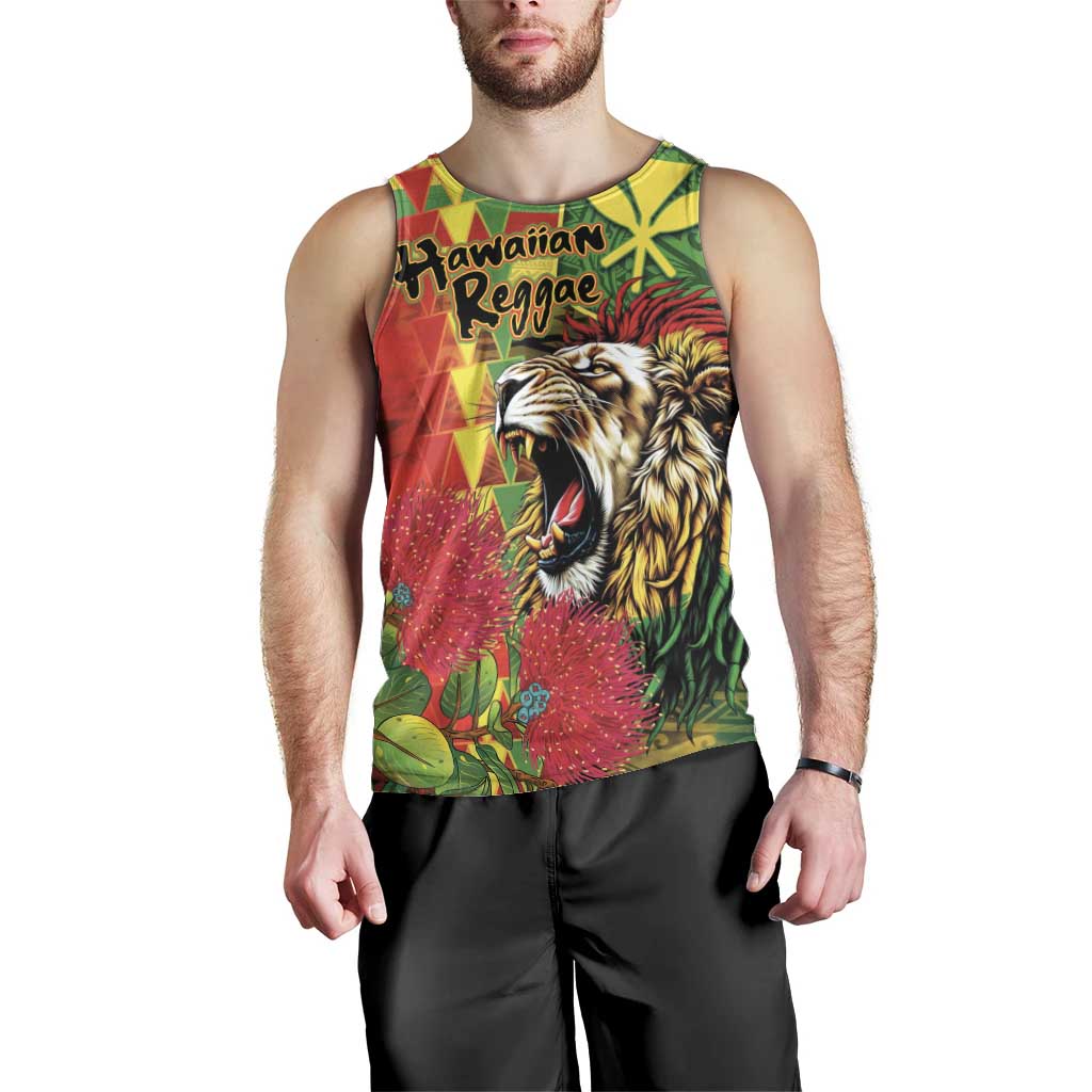 Hawaiian Reggae Men Tank Top Kakau Art Motifs with Ohia Lehua and Rastafari Lion - Polynesian Pride