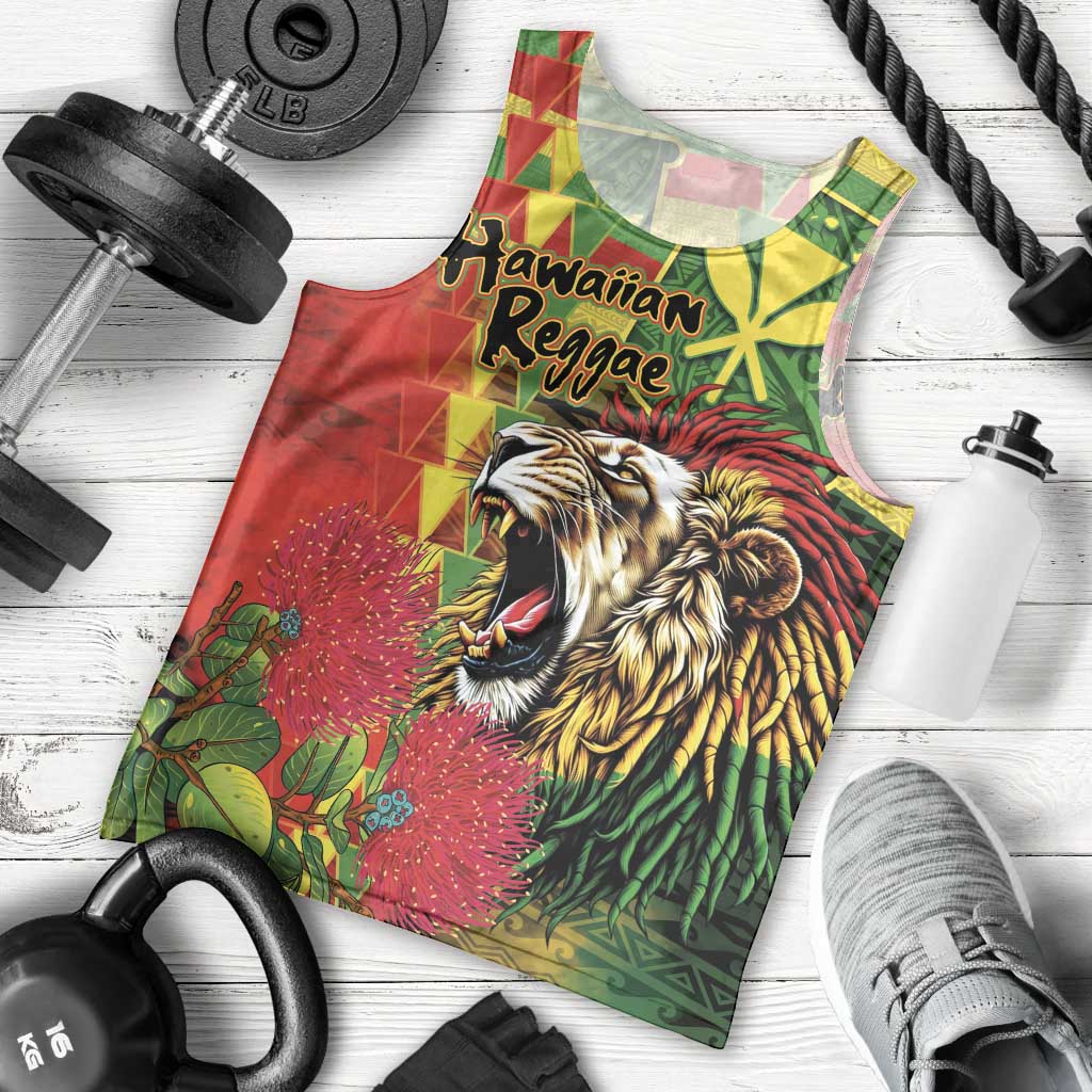 Hawaiian Reggae Men Tank Top Kakau Art Motifs with Ohia Lehua and Rastafari Lion - Polynesian Pride