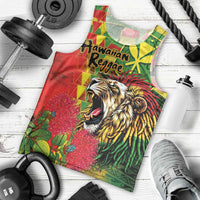 Hawaiian Reggae Men Tank Top Kakau Art Motifs with Ohia Lehua and Rastafari Lion - Polynesian Pride