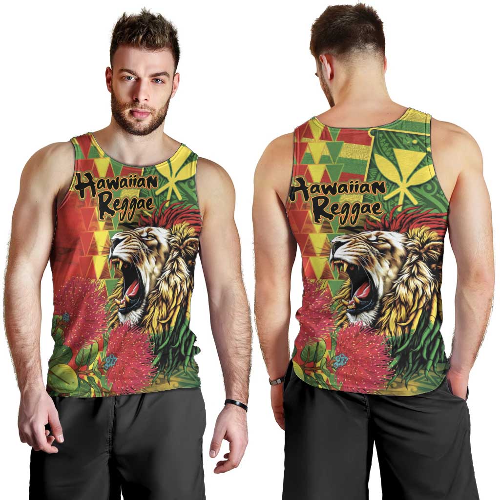 Hawaiian Reggae Men Tank Top Kakau Art Motifs with Ohia Lehua and Rastafari Lion - Polynesian Pride