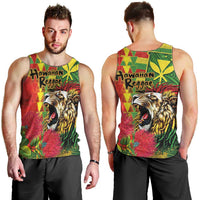 Hawaiian Reggae Men Tank Top Kakau Art Motifs with Ohia Lehua and Rastafari Lion - Polynesian Pride