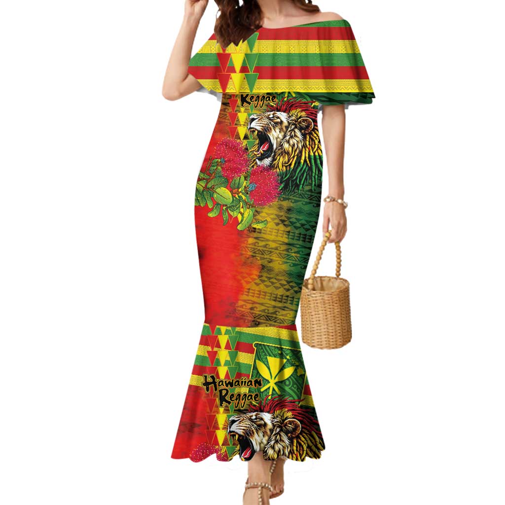 Hawaiian Reggae Mermaid Dress Kakau Art Motifs with Ohia Lehua and Rastafari Lion - Polynesian Pride