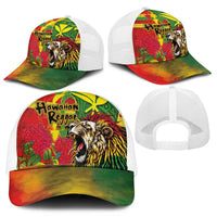 Hawaiian Reggae Mesh Trucker Cap Kakau Art Motifs with Ohia Lehua and Rastafari Lion - Polynesian Pride