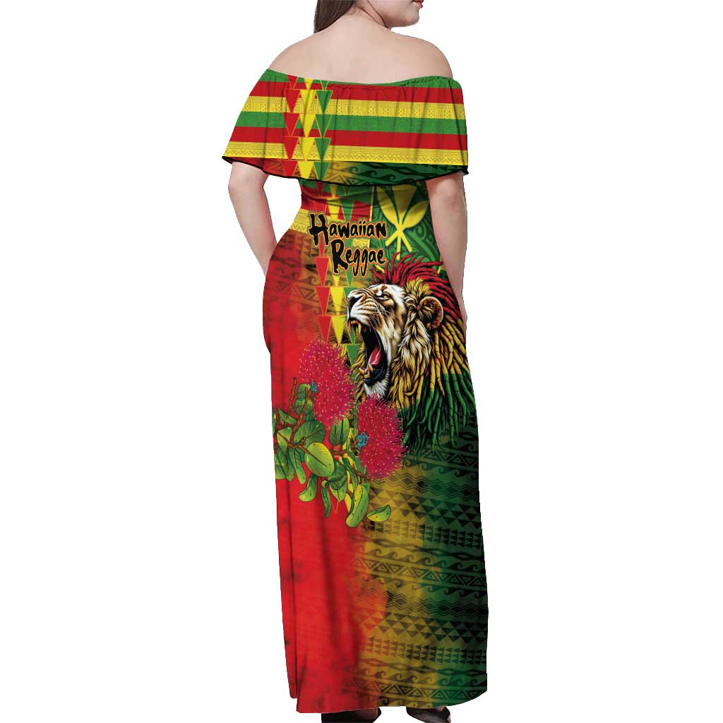 Hawaiian Reggae Off Shoulder Maxi Dress Kakau Art Motifs with Ohia Lehua and Rastafari Lion - Polynesian Pride