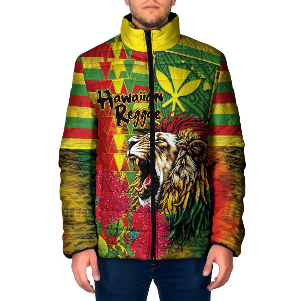 Hawaiian Reggae Padded Jacket Kakau Art Motifs with Ohia Lehua and Rastafari Lion - Polynesian Pride