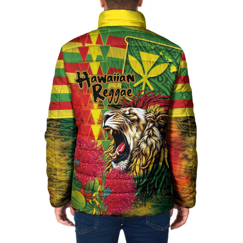 Hawaiian Reggae Padded Jacket Kakau Art Motifs with Ohia Lehua and Rastafari Lion - Polynesian Pride