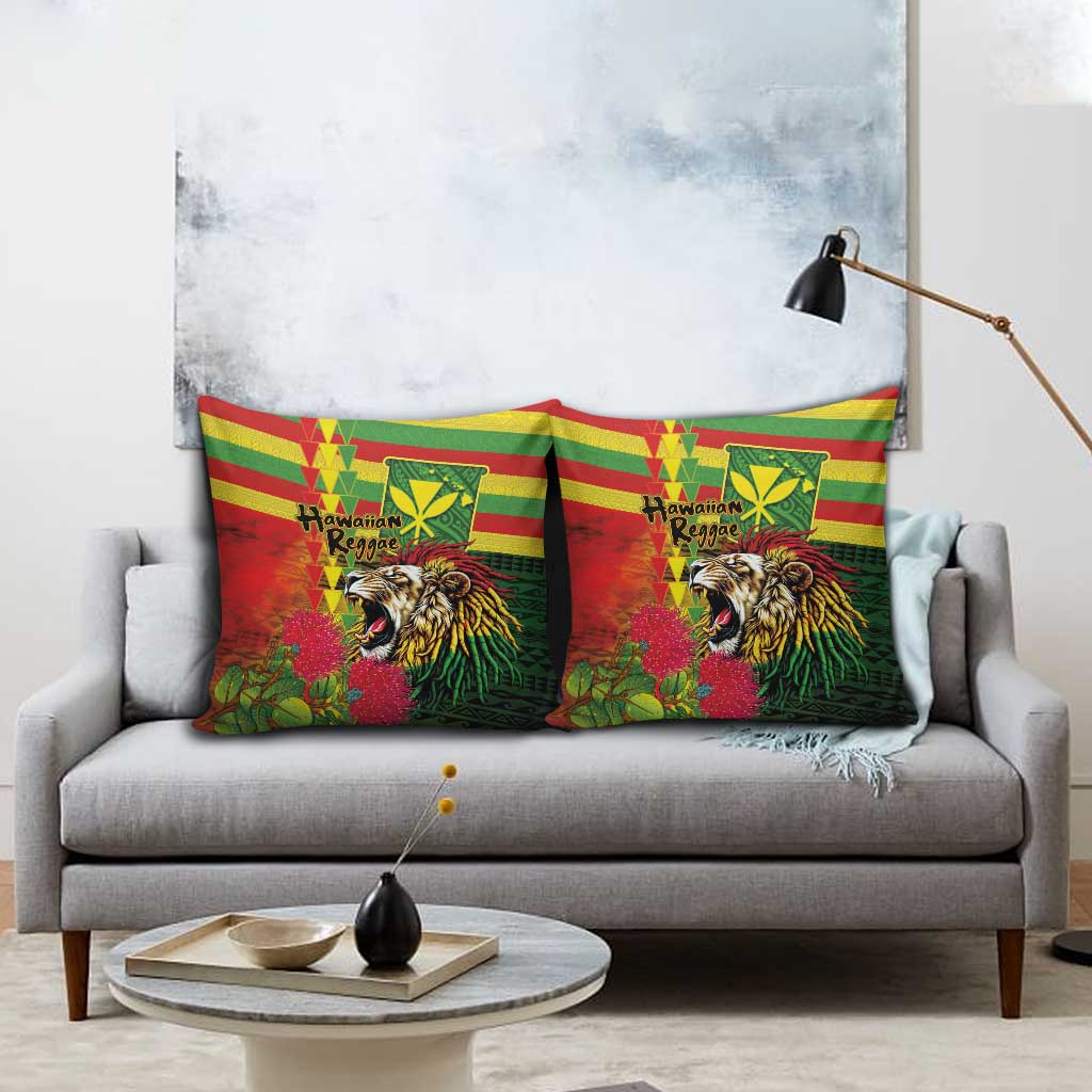 Hawaiian Reggae Pillow Cover Kakau Art Motifs with Ohia Lehua and Rastafari Lion - Polynesian Pride
