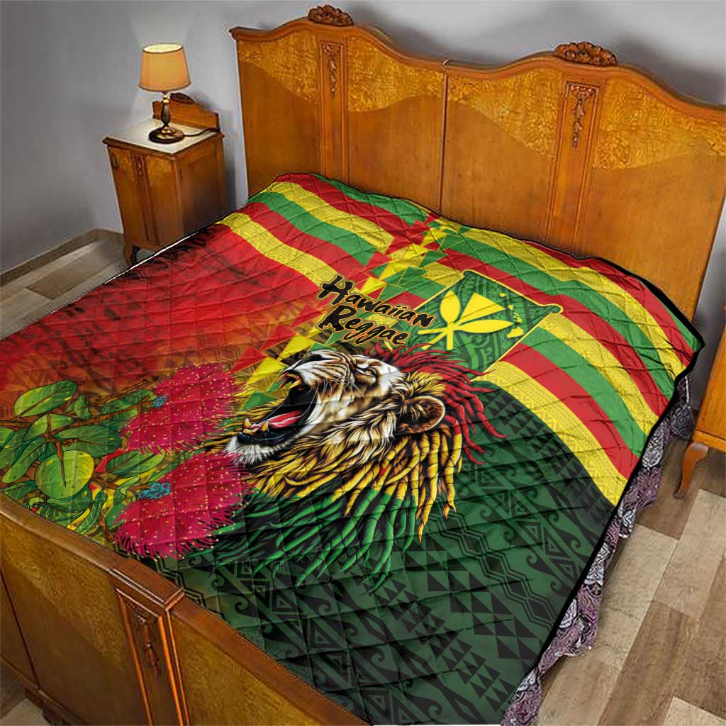 Hawaiian Reggae Quilt Kakau Art Motifs with Ohia Lehua and Rastafari Lion - Polynesian Pride