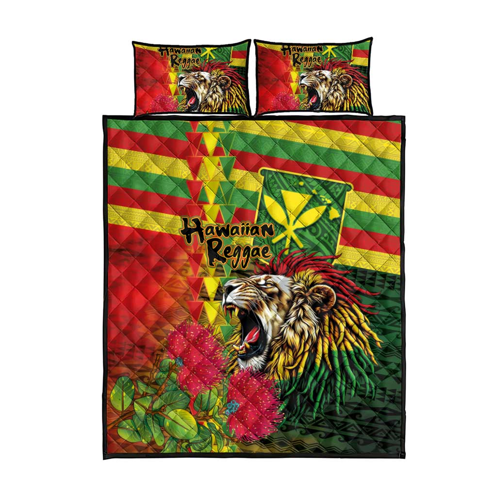 Hawaiian Reggae Quilt Bed Set Kakau Art Motifs with Ohia Lehua and Rastafari Lion - Polynesian Pride