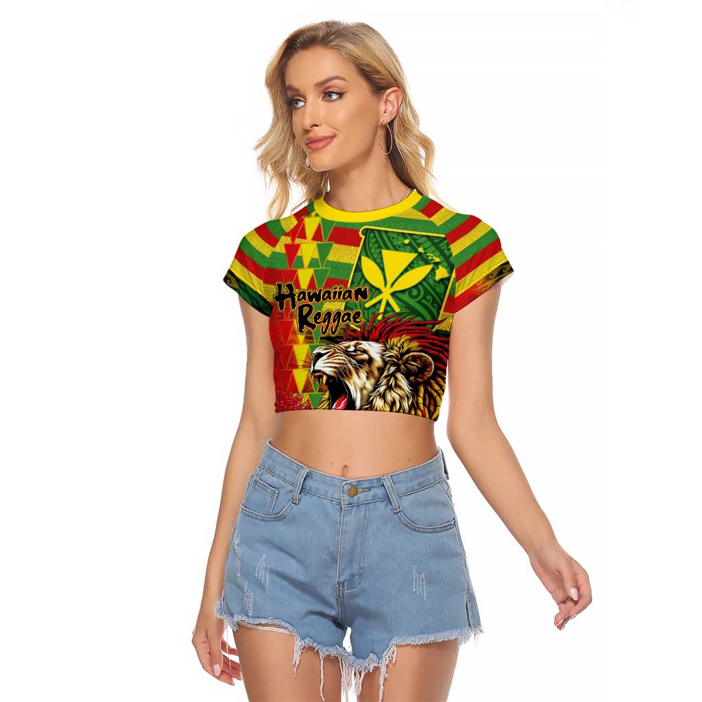 Hawaiian Reggae Raglan Cropped T Shirt Kakau Art Motifs with Ohia Lehua and Rastafari Lion - Polynesian Pride
