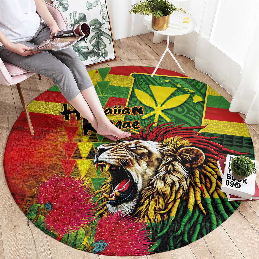 Hawaiian Reggae Round Carpet Kakau Art Motifs with Ohia Lehua and Rastafari Lion - Polynesian Pride