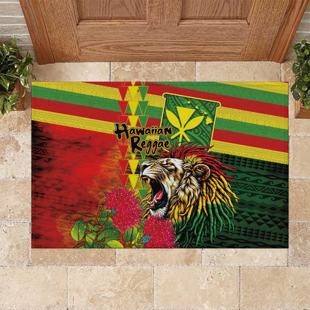 Hawaiian Reggae Rubber Doormat Kakau Art Motifs with Ohia Lehua and Rastafari Lion - Polynesian Pride