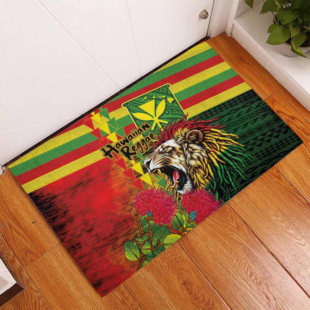 Hawaiian Reggae Rubber Doormat Kakau Art Motifs with Ohia Lehua and Rastafari Lion - Polynesian Pride