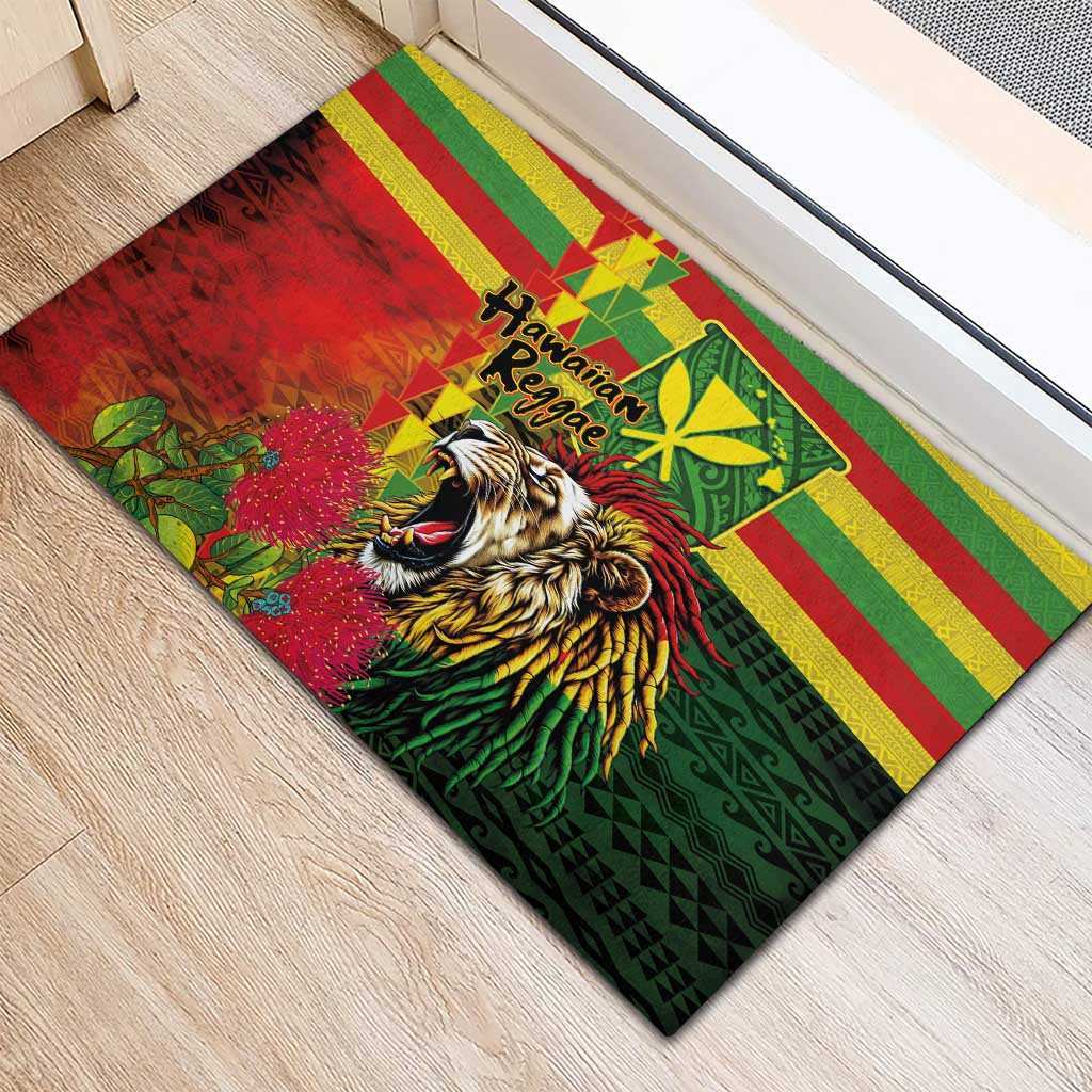 Hawaiian Reggae Rubber Doormat Kakau Art Motifs with Ohia Lehua and Rastafari Lion - Polynesian Pride