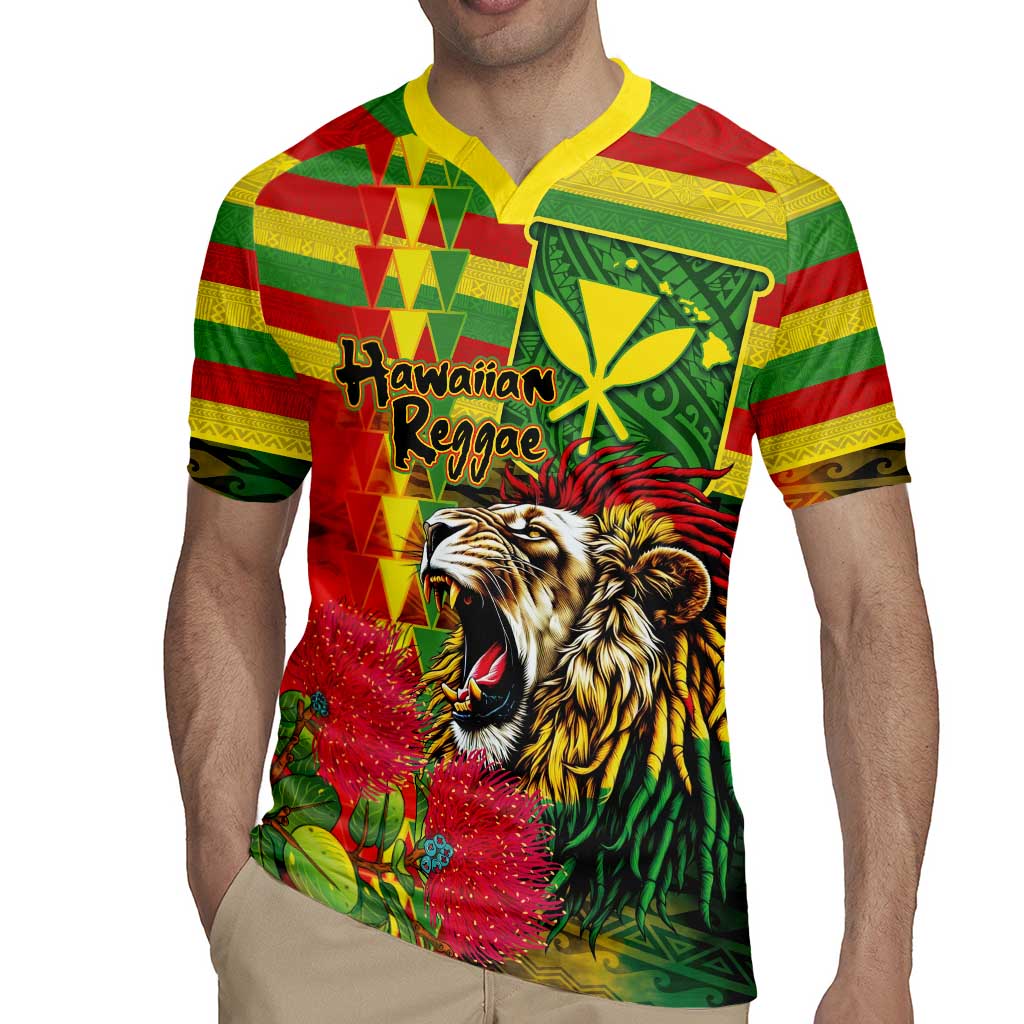 Hawaiian Reggae Rugby Jersey Kakau Art Motifs with Ohia Lehua and Rastafari Lion - Polynesian Pride