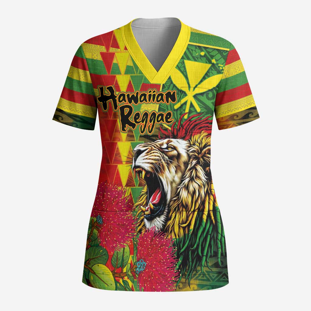 Hawaiian Reggae Scrub Top Kakau Art Motifs with Ohia Lehua and Rastafari Lion - Polynesian Pride