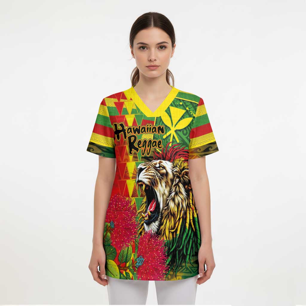 Hawaiian Reggae Scrub Top Kakau Art Motifs with Ohia Lehua and Rastafari Lion - Polynesian Pride