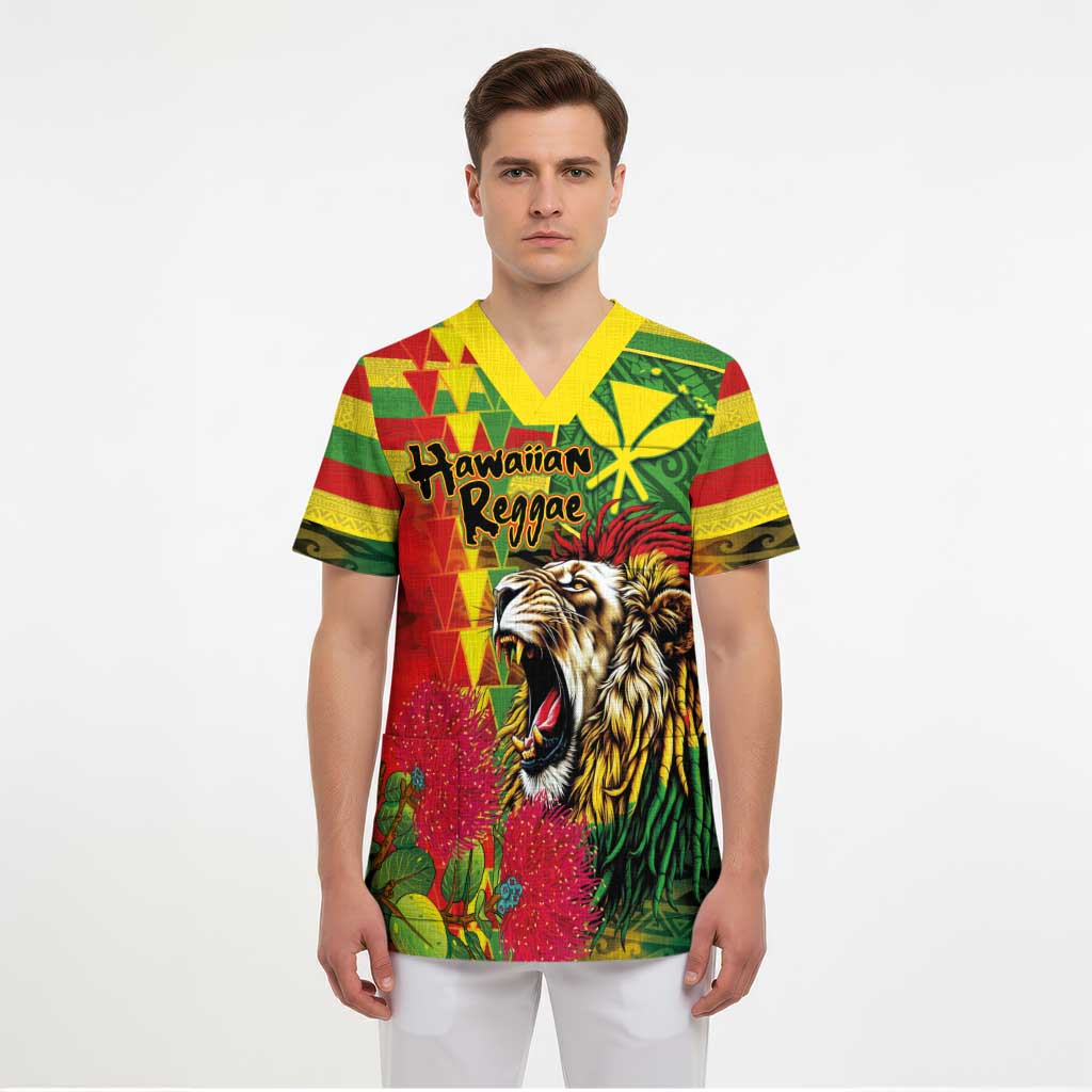 Hawaiian Reggae Scrub Top Kakau Art Motifs with Ohia Lehua and Rastafari Lion - Polynesian Pride
