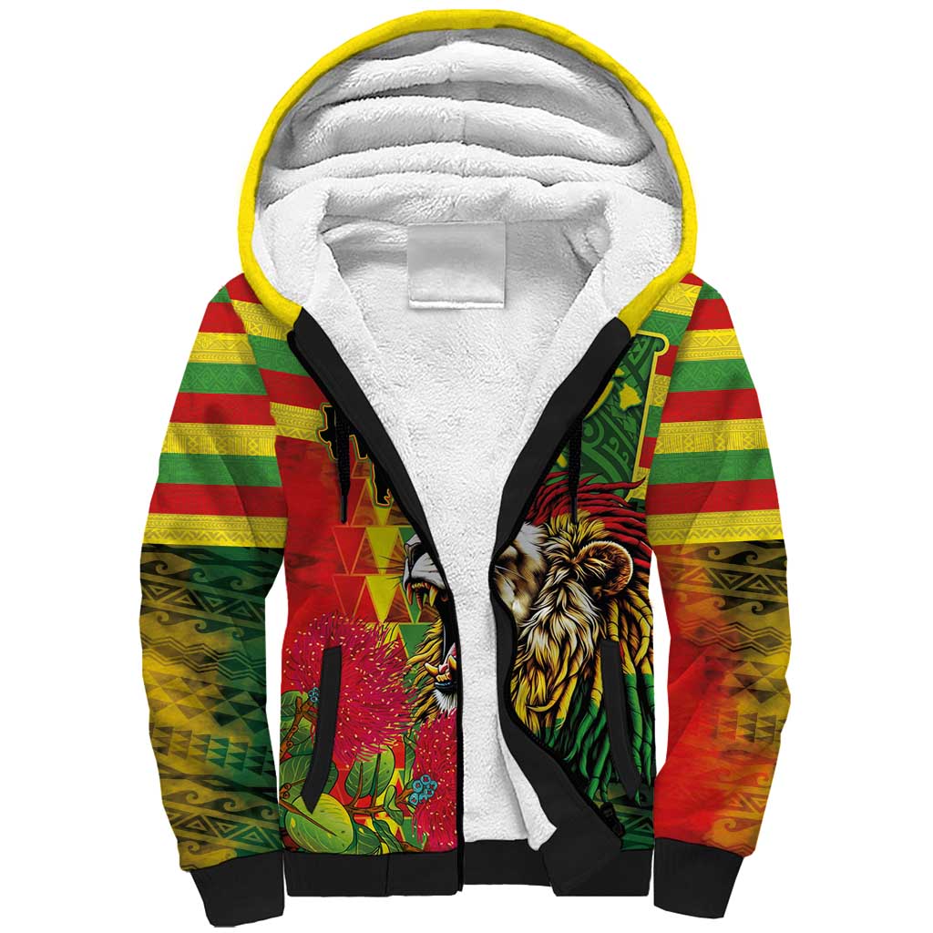 Hawaiian Reggae Sherpa Hoodie Kakau Art Motifs with Ohia Lehua and Rastafari Lion - Polynesian Pride