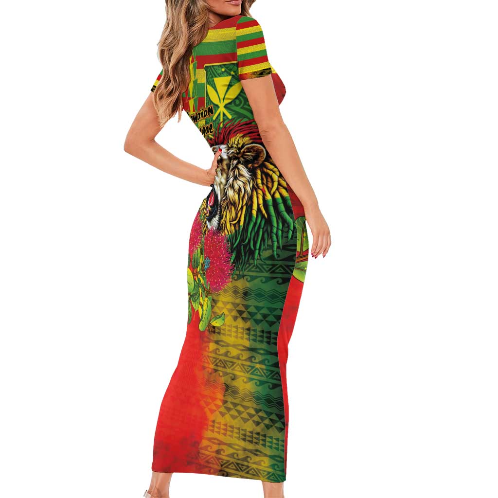 Hawaiian Reggae Short Sleeve Bodycon Dress Kakau Art Motifs with Ohia Lehua and Rastafari Lion - Polynesian Pride