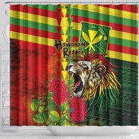 Hawaiian Reggae Shower Curtain Kakau Art Motifs with Ohia Lehua and Rastafari Lion - Polynesian Pride