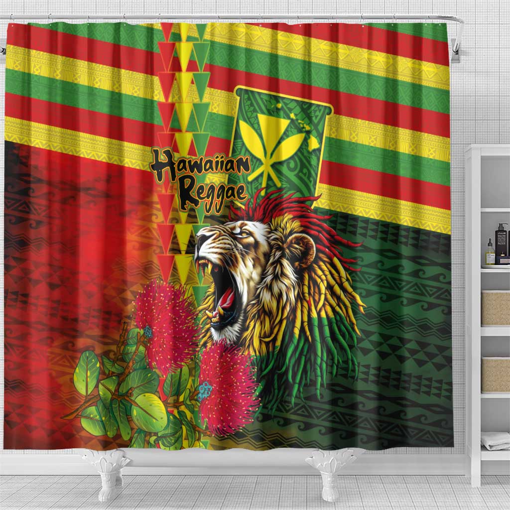 Hawaiian Reggae Shower Curtain Kakau Art Motifs with Ohia Lehua and Rastafari Lion - Polynesian Pride
