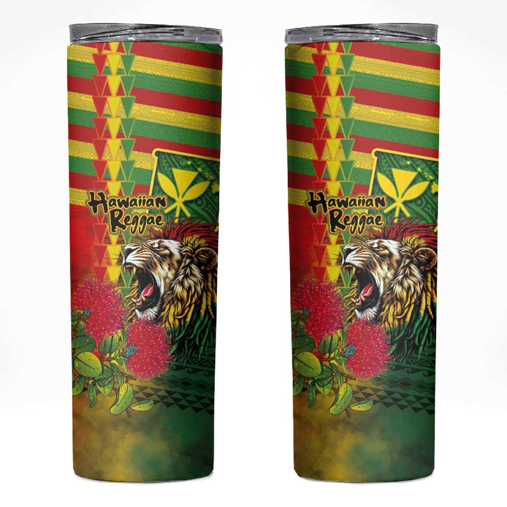 Hawaiian Reggae Skinny Tumbler Kakau Art Motifs with Ohia Lehua and Rastafari Lion - Polynesian Pride
