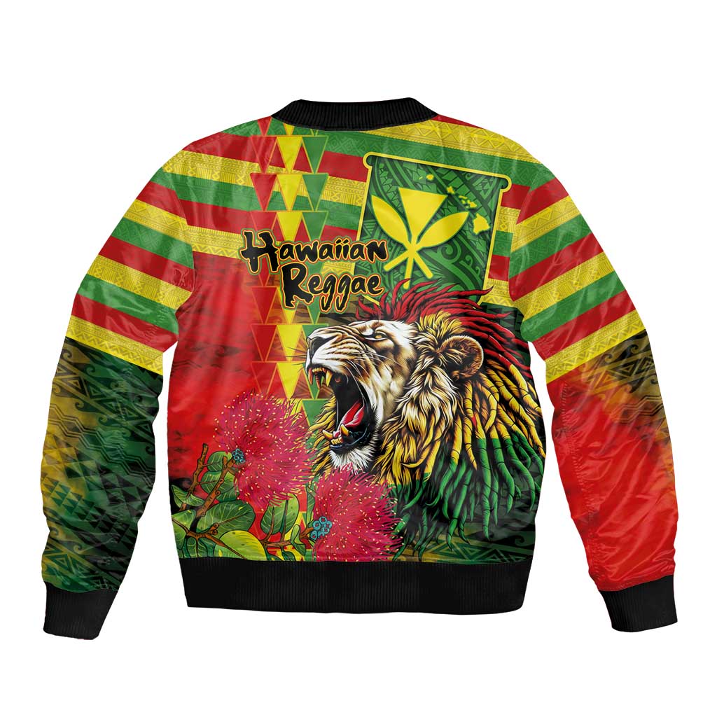 Hawaiian Reggae Sleeve Zip Bomber Jacket Kakau Art Motifs with Ohia Lehua and Rastafari Lion - Polynesian Pride