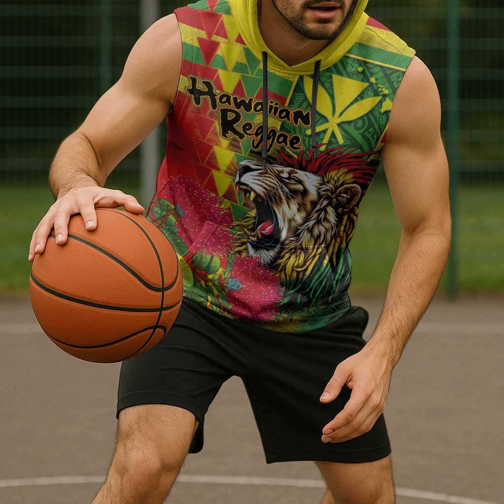 Hawaiian Reggae Sleeveless Hoodie Kakau Art Motifs with Ohia Lehua and Rastafari Lion - Polynesian Pride