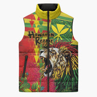 Hawaiian Reggae Sleeveless Puffer Jacket Kakau Art Motifs with Ohia Lehua and Rastafari Lion - Polynesian Pride