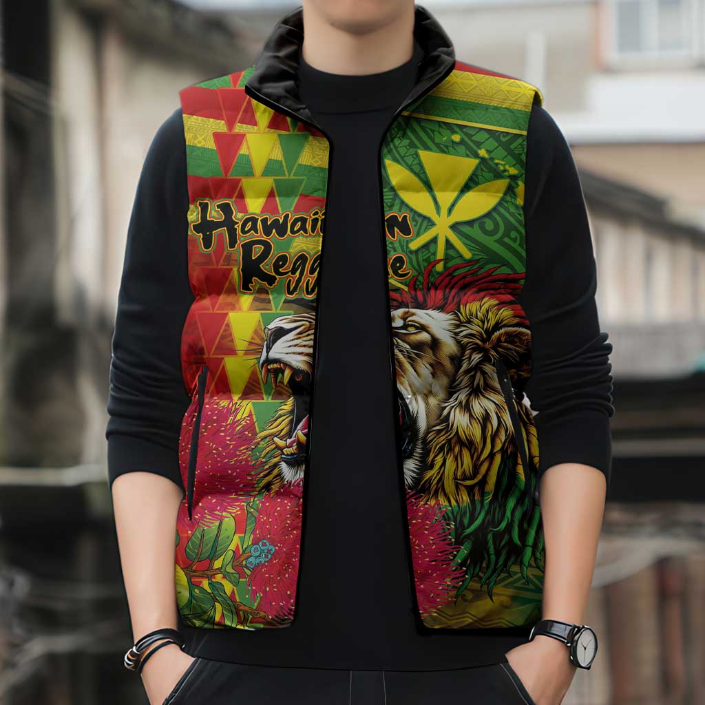 Hawaiian Reggae Sleeveless Puffer Jacket Kakau Art Motifs with Ohia Lehua and Rastafari Lion - Polynesian Pride
