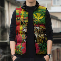 Hawaiian Reggae Sleeveless Puffer Jacket Kakau Art Motifs with Ohia Lehua and Rastafari Lion - Polynesian Pride