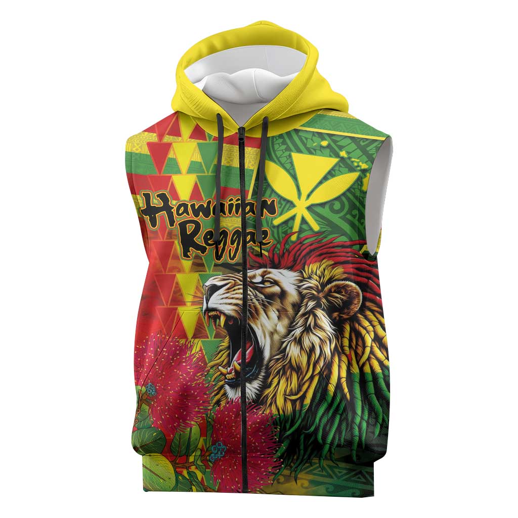 Hawaiian Reggae Sleeveless Zip Hoodie Kakau Art Motifs with Ohia Lehua and Rastafari Lion - Polynesian Pride