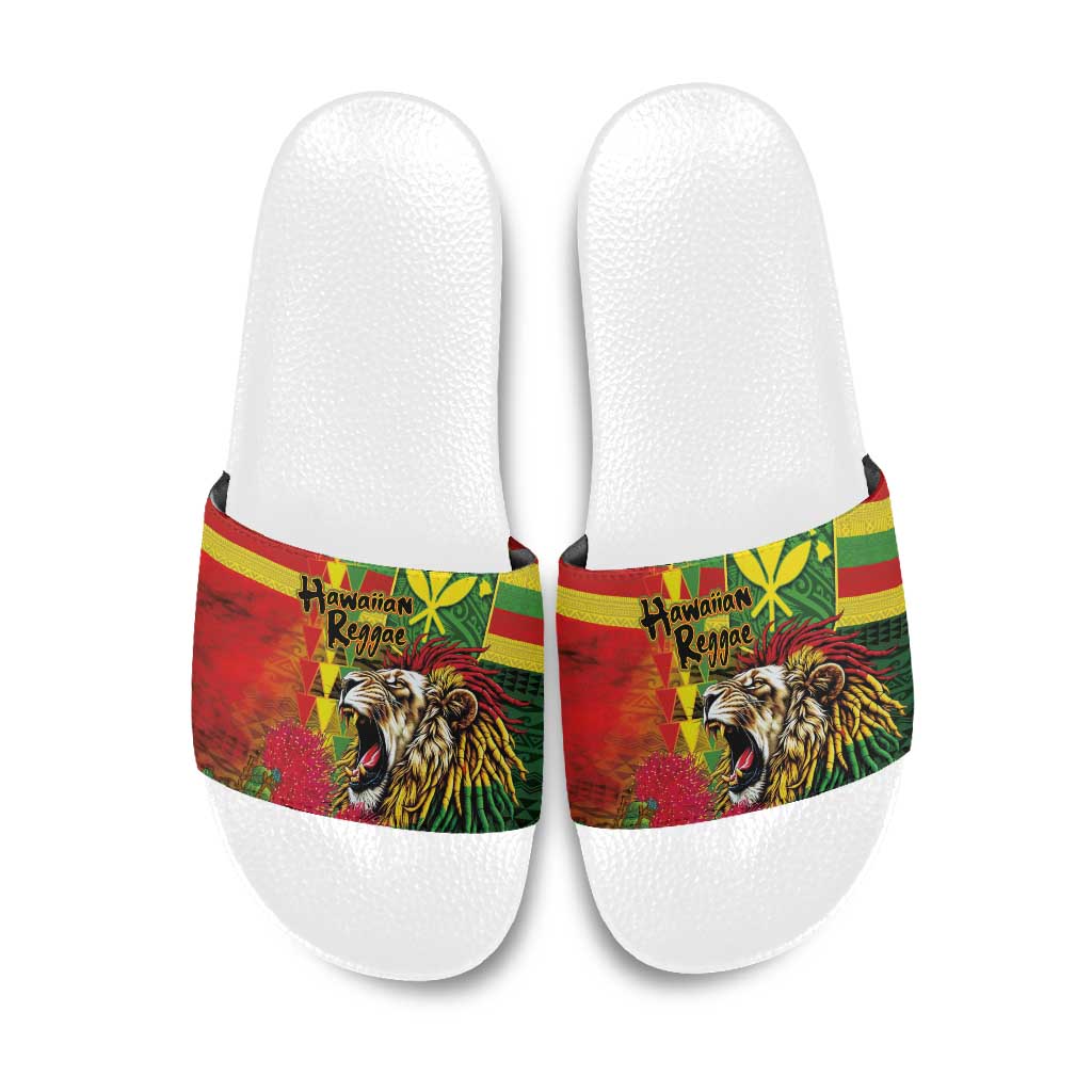 Hawaiian Reggae Slide Sandals Kakau Art Motifs with Ohia Lehua and Rastafari Lion - Polynesian Pride