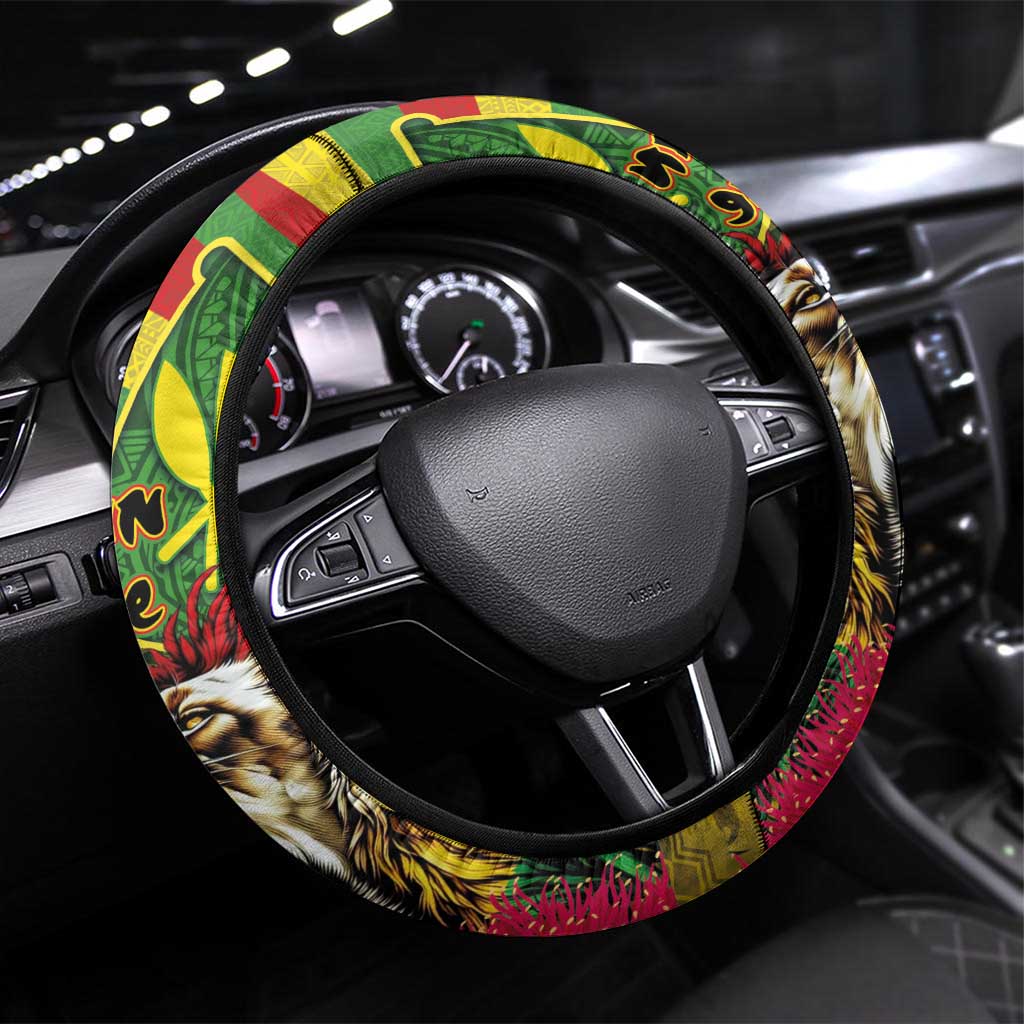 Hawaiian Reggae Steering Wheel Cover Kakau Art Motifs with Ohia Lehua and Rastafari Lion - Polynesian Pride