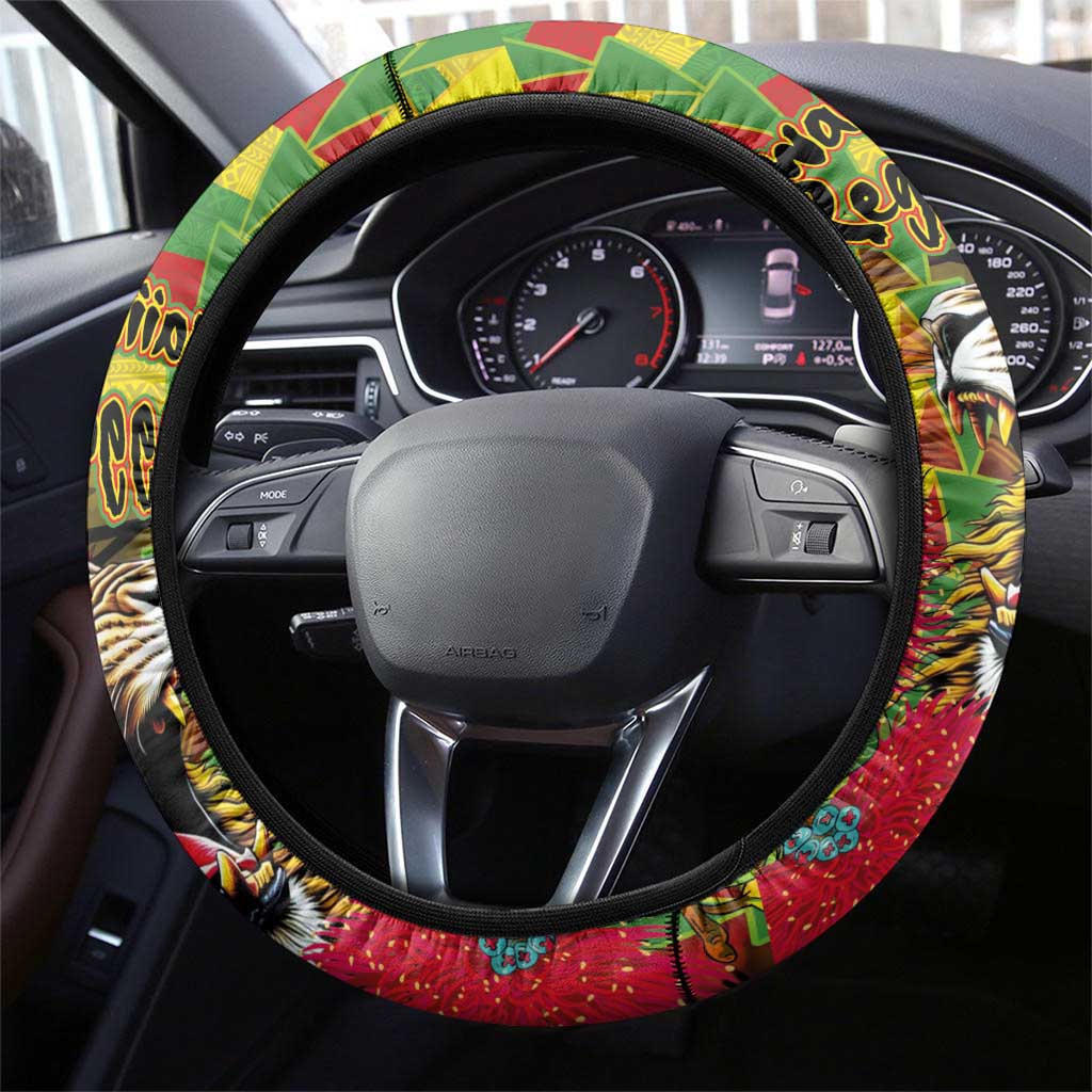 Hawaiian Reggae Steering Wheel Cover Kakau Art Motifs with Ohia Lehua and Rastafari Lion - Polynesian Pride
