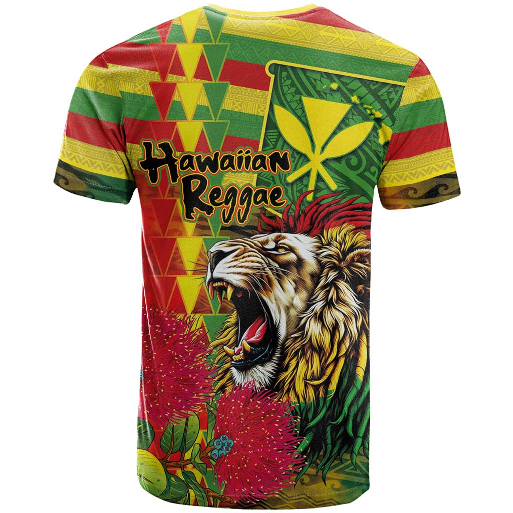Hawaiian Reggae T Shirt Kakau Art Motifs with Ohia Lehua and Rastafari Lion - Polynesian Pride