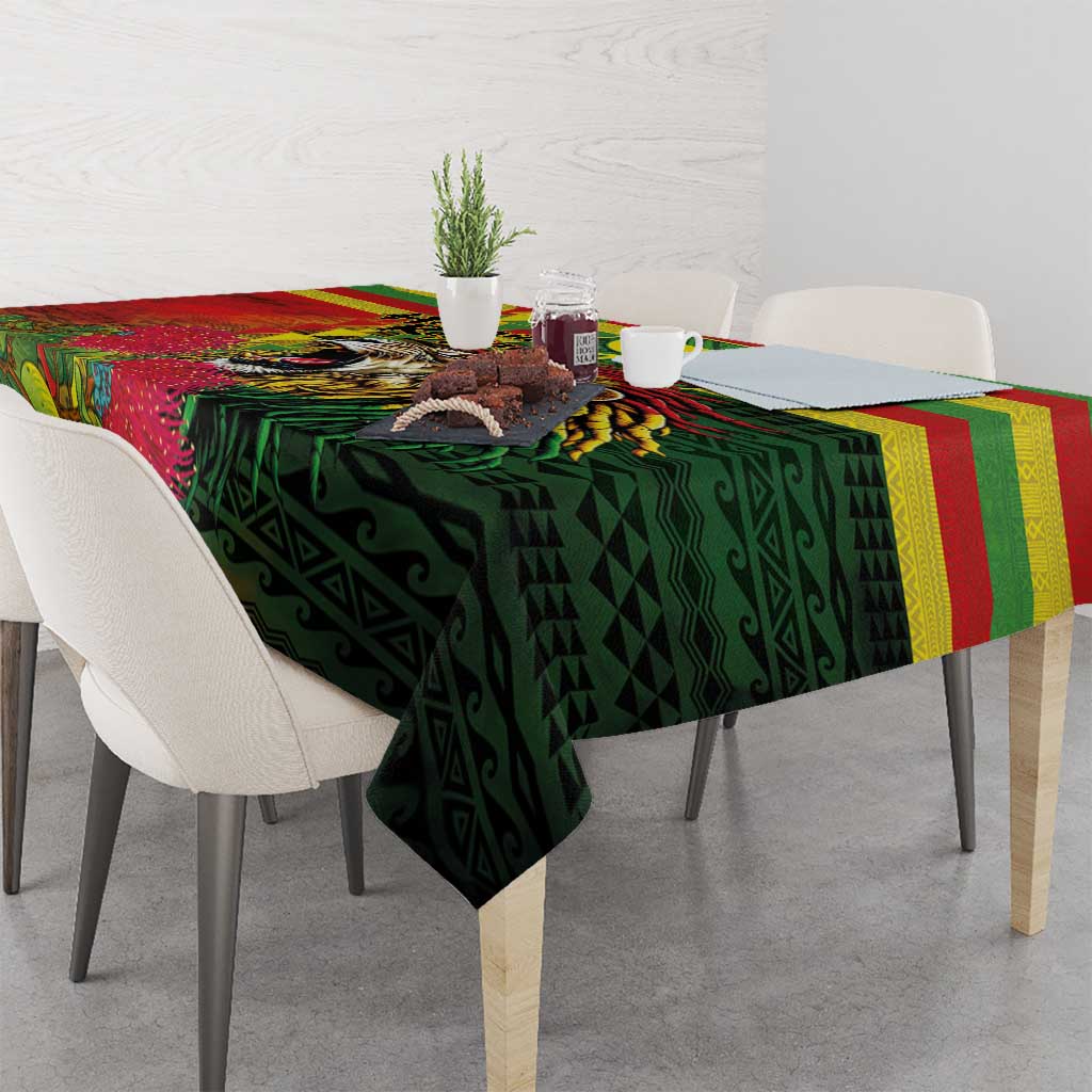 Hawaiian Reggae Tablecloth Kakau Art Motifs with Ohia Lehua and Rastafari Lion - Polynesian Pride