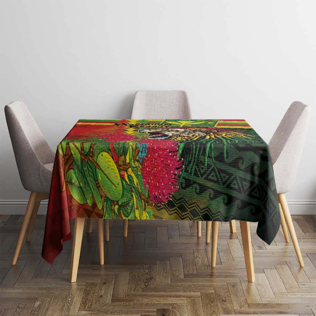 Hawaiian Reggae Tablecloth Kakau Art Motifs with Ohia Lehua and Rastafari Lion - Polynesian Pride