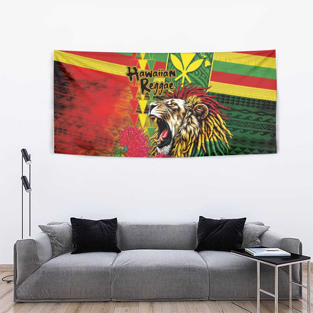 Hawaiian Reggae Tapestry Kakau Art Motifs with Ohia Lehua and Rastafari Lion - Polynesian Pride