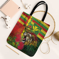 Hawaiian Reggae Tote Bag Kakau Art Motifs with Ohia Lehua and Rastafari Lion - Polynesian Pride