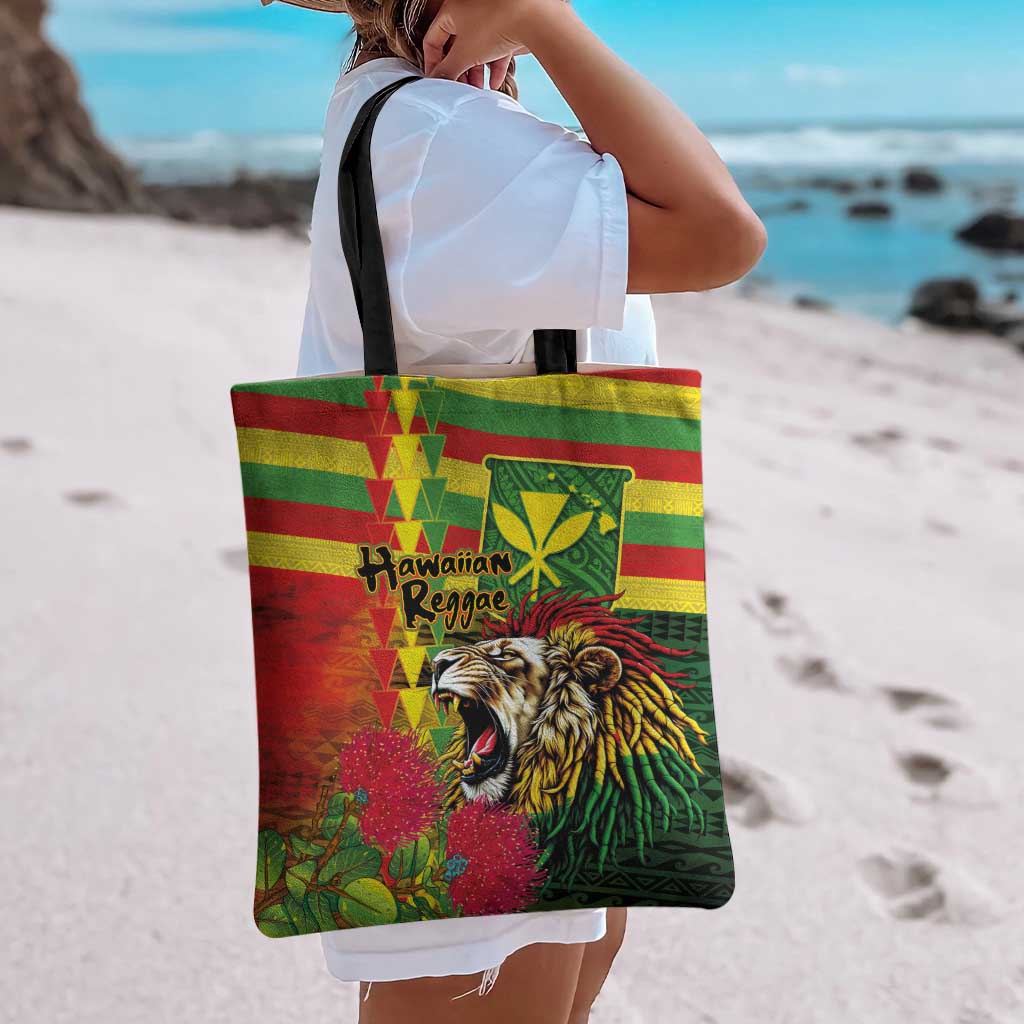 Hawaiian Reggae Tote Bag Kakau Art Motifs with Ohia Lehua and Rastafari Lion - Polynesian Pride