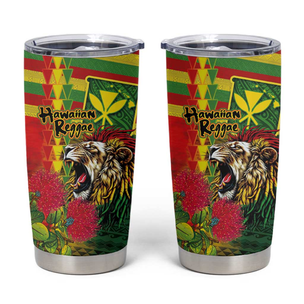 Hawaiian Reggae Tumbler Cup Kakau Art Motifs with Ohia Lehua and Rastafari Lion - Polynesian Pride