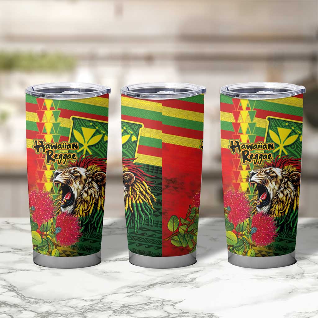 Hawaiian Reggae Tumbler Cup Kakau Art Motifs with Ohia Lehua and Rastafari Lion - Polynesian Pride