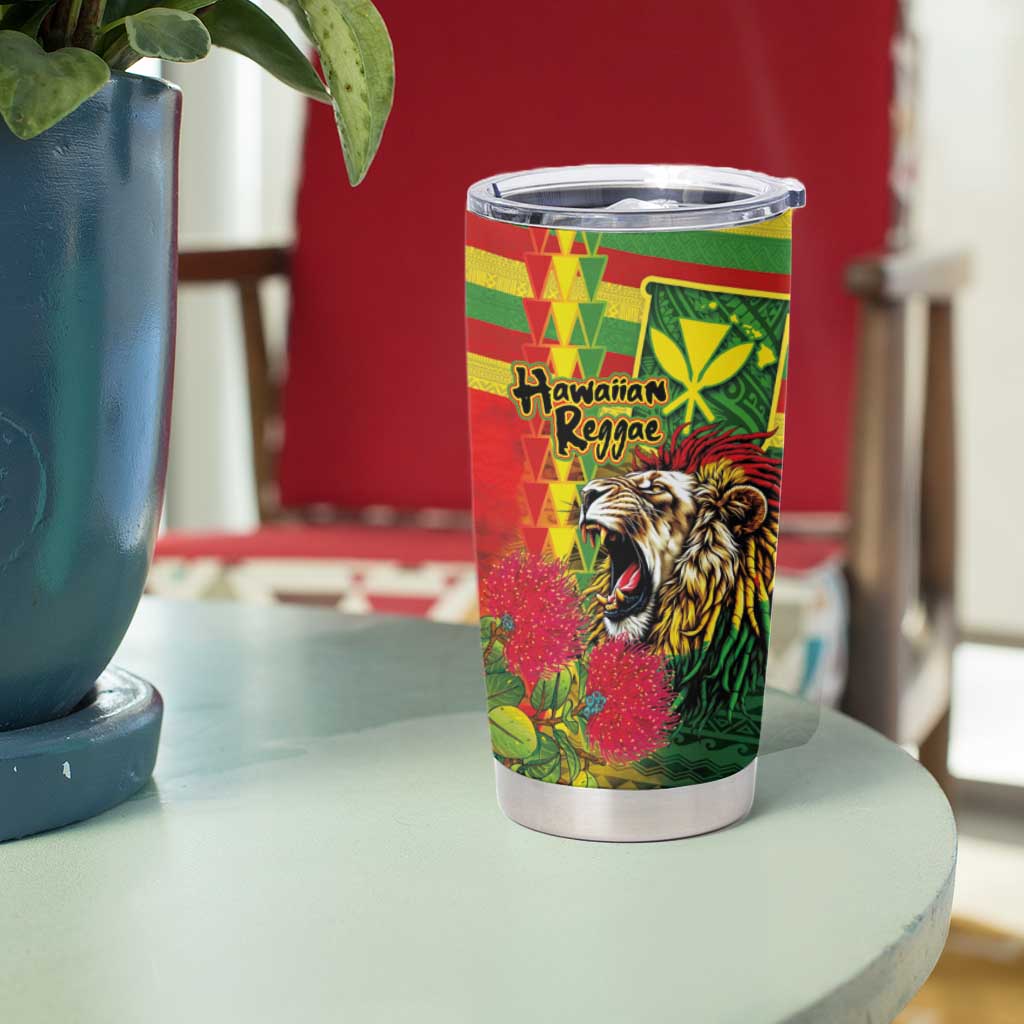 Hawaiian Reggae Tumbler Cup Kakau Art Motifs with Ohia Lehua and Rastafari Lion - Polynesian Pride