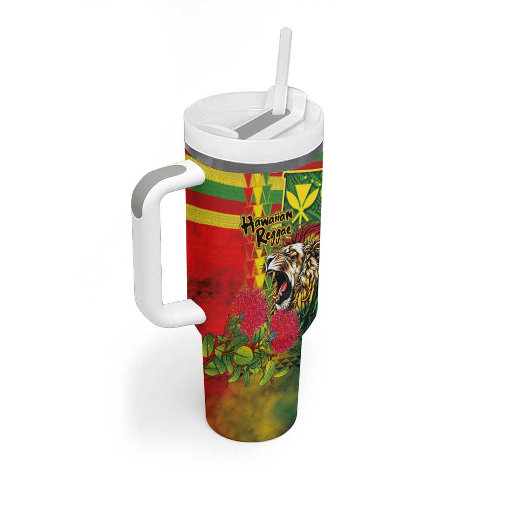 Hawaiian Reggae Tumbler With Handle Kakau Art Motifs with Ohia Lehua and Rastafari Lion - Polynesian Pride