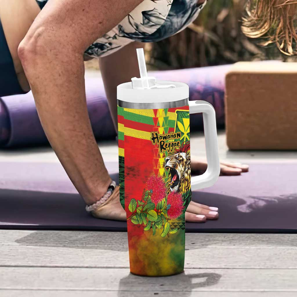 Hawaiian Reggae Tumbler With Handle Kakau Art Motifs with Ohia Lehua and Rastafari Lion - Polynesian Pride
