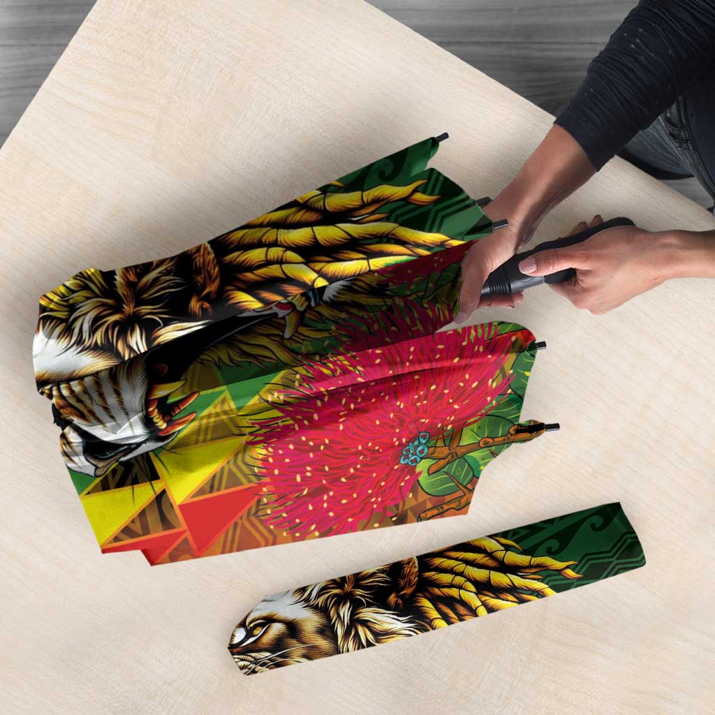 Hawaiian Reggae Umbrella Kakau Art Motifs with Ohia Lehua and Rastafari Lion - Polynesian Pride