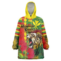 Hawaiian Reggae Wearable Blanket Hoodie Kakau Art Motifs with Ohia Lehua and Rastafari Lion - Polynesian Pride